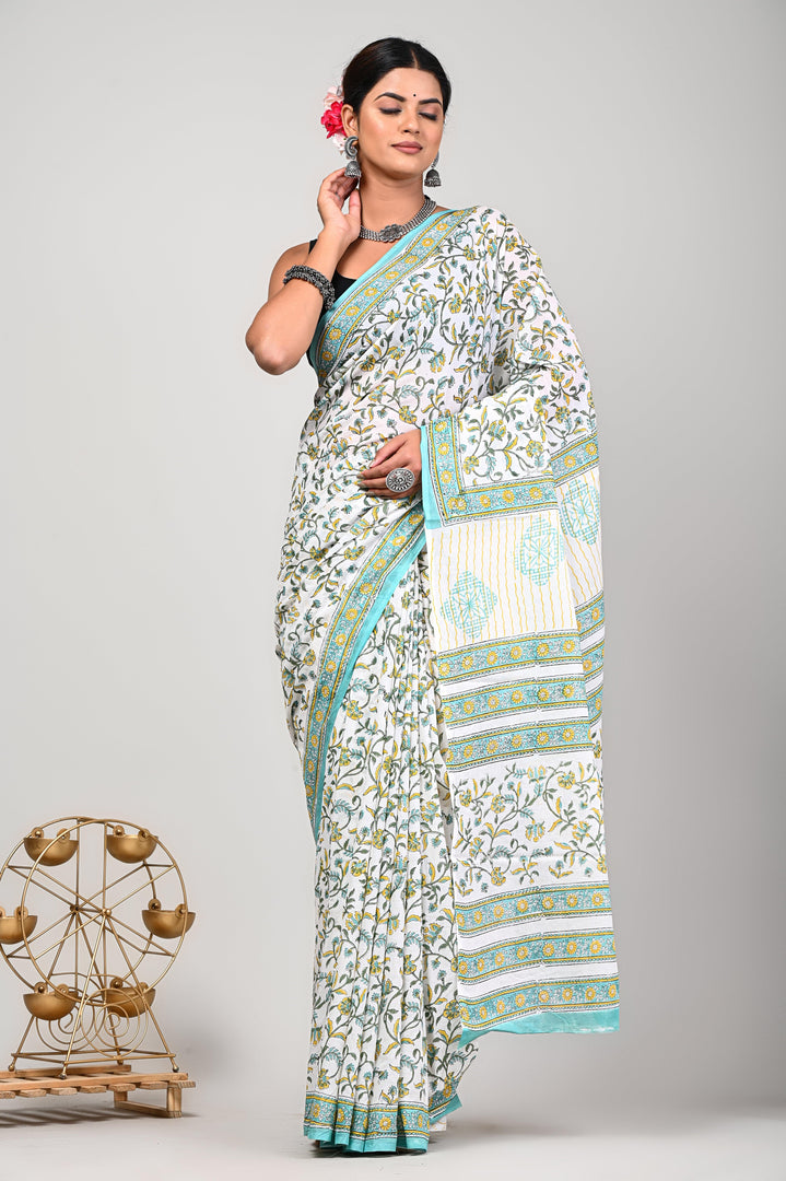 Teal White - Hand Block Mulmul Cotton Saree For Women With Blouse Piece - Paheli-Jaipur