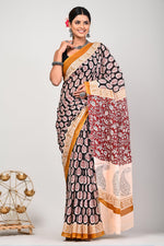 Load image into Gallery viewer, Mellow Midnight - Hand Block Mulmul Cotton Saree For Women With Blouse Piece - Paheli-Jaipur
