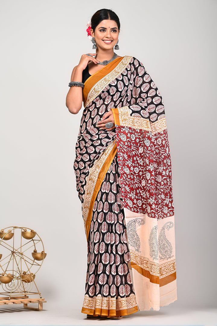 Mellow Midnight - Hand Block Mulmul Cotton Saree For Women With Blouse Piece - Paheli-Jaipur