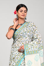 Load image into Gallery viewer, Teal White - Hand Block Mulmul Cotton Saree For Women With Blouse Piece
