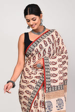 Load image into Gallery viewer, Terry Beige - Hand Block Mulmul Cotton Saree For Women With Blouse Piece - Paheli-Jaipur
