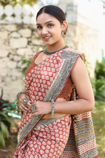 Load image into Gallery viewer, Mahroon Mulmul Cotton Hand-block Print Saree with Blouse Piece
