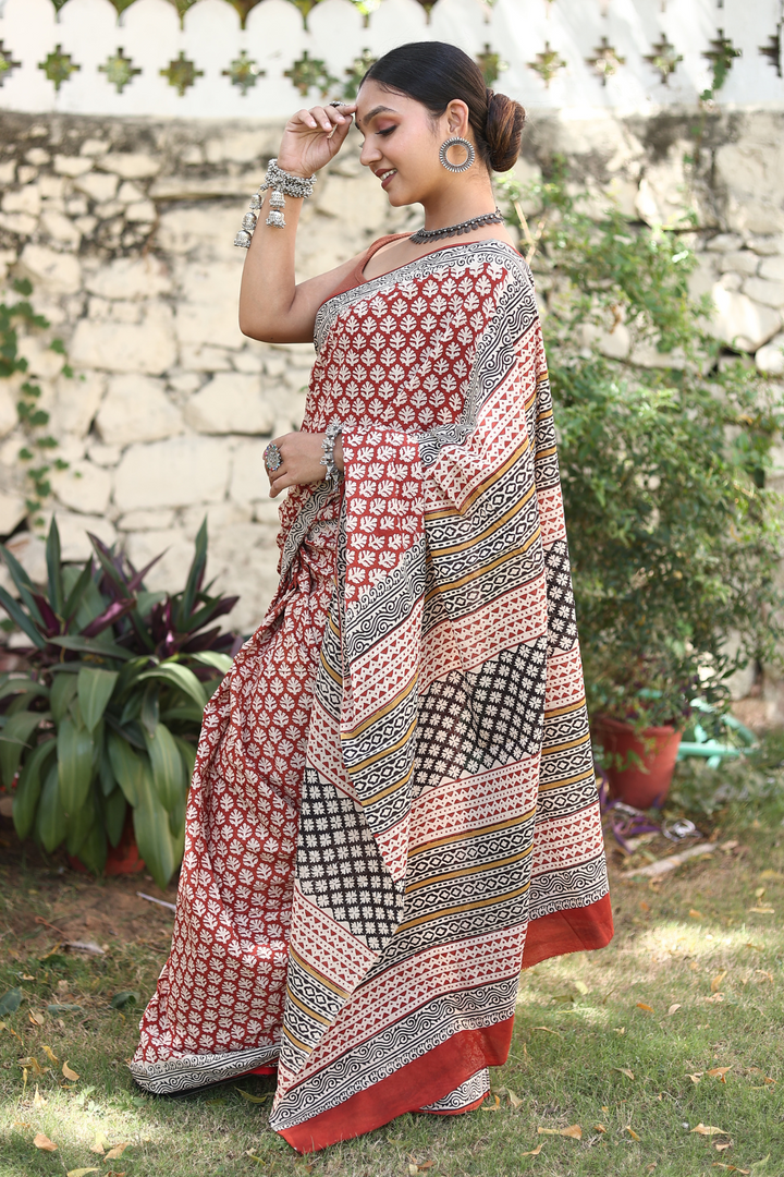 Mahroon Mulmul Cotton Hand-block Print Saree with Blouse Piece