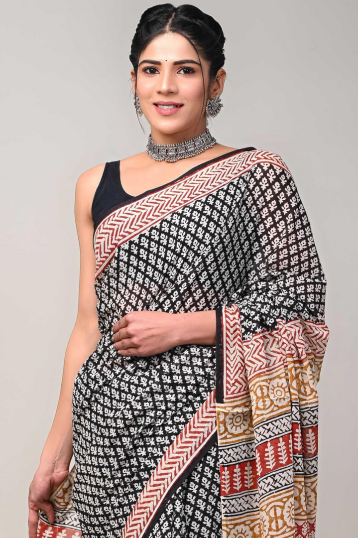 PAHELI JAIPUR Black Mix Mulmul Cotton Saree with Bagru Print – Elegant Saree for Women with Unstitched Blouse Piece