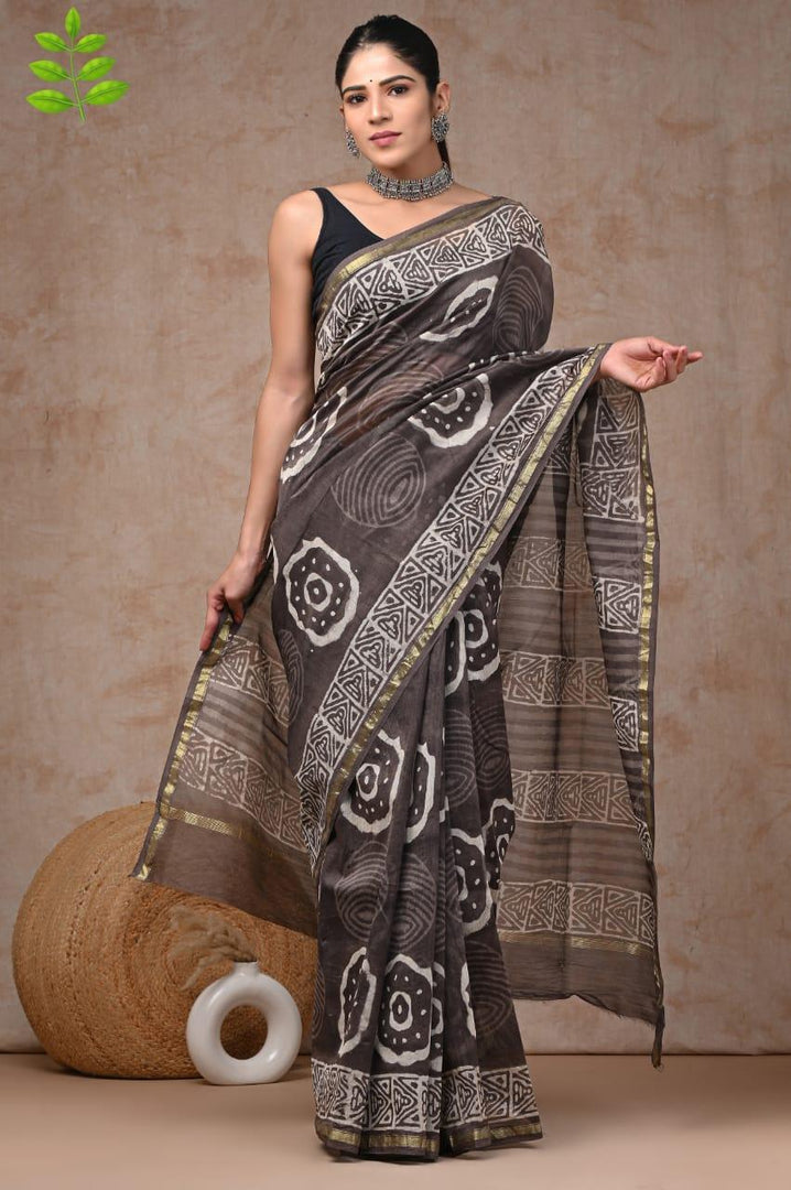 Lovely Grey - Hand Block Print Chanderi Silk Saree - Paheli-Jaipur