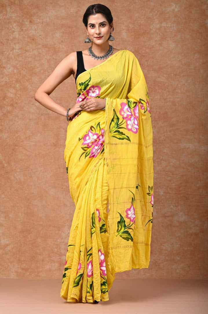 Sunlit Yellow - Hand Painted Chanderi Silk Saree - Paheli-Jaipur