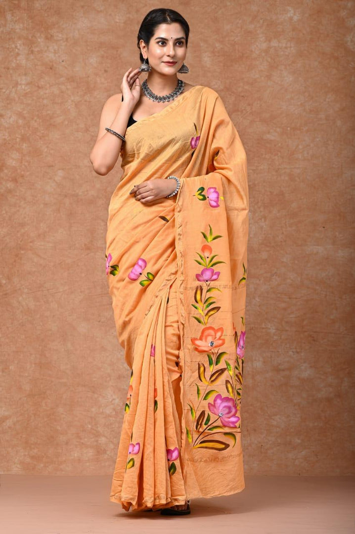 Peachy Chic Chanderi Silk Hand-Block Saree - Paheli-Jaipur