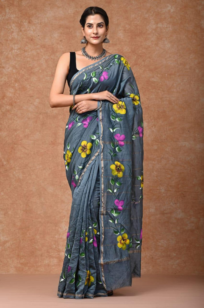 Graceful Grey - Chanderi Silk Hand-Painted Saree - Paheli-Jaipur