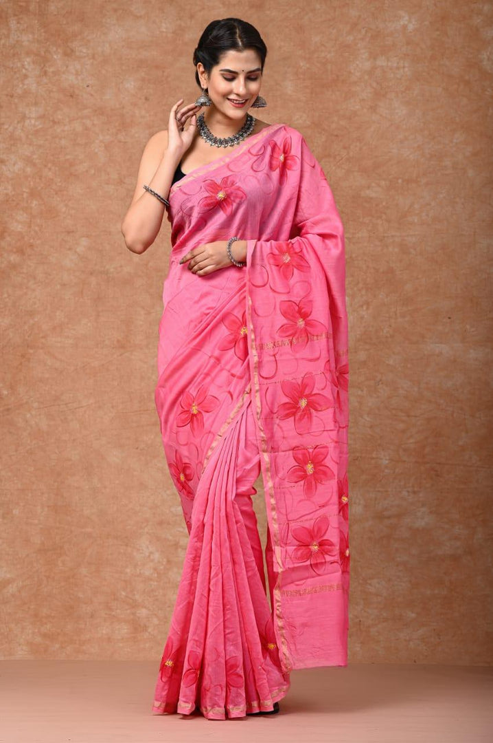 Pink Love - Hand Painted Chanderi Silk Saree - Paheli-Jaipur