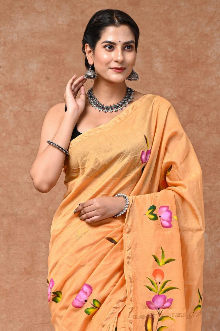 Peachy Chic Chanderi Silk Hand-Block Saree - Paheli-Jaipur