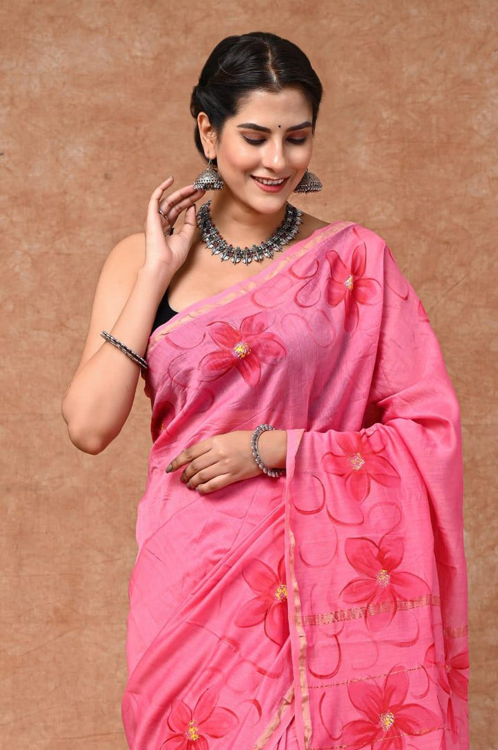 Pink Love - Hand Painted Chanderi Silk Saree - Paheli-Jaipur