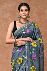 Load image into Gallery viewer, Graceful Grey - Chanderi Silk Hand-Painted Saree - Paheli-Jaipur
