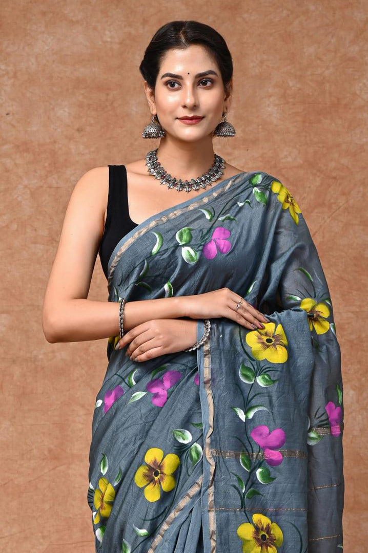 Graceful Grey - Chanderi Silk Hand-Painted Saree - Paheli-Jaipur