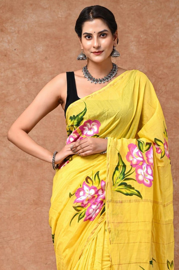 Sunlit Yellow - Hand Painted Chanderi Silk Saree - Paheli-Jaipur