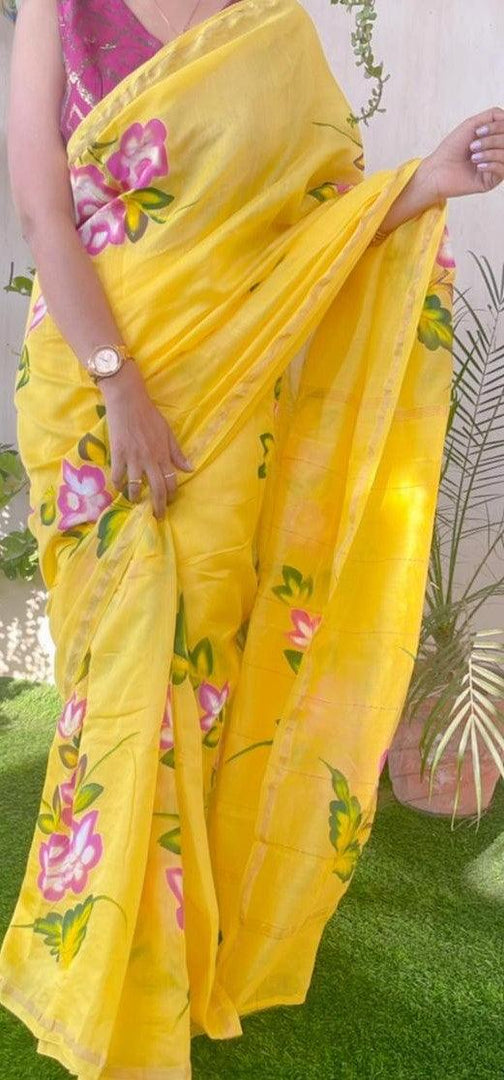 Sunlit Yellow - Hand Painted Chanderi Silk Saree - Paheli-Jaipur