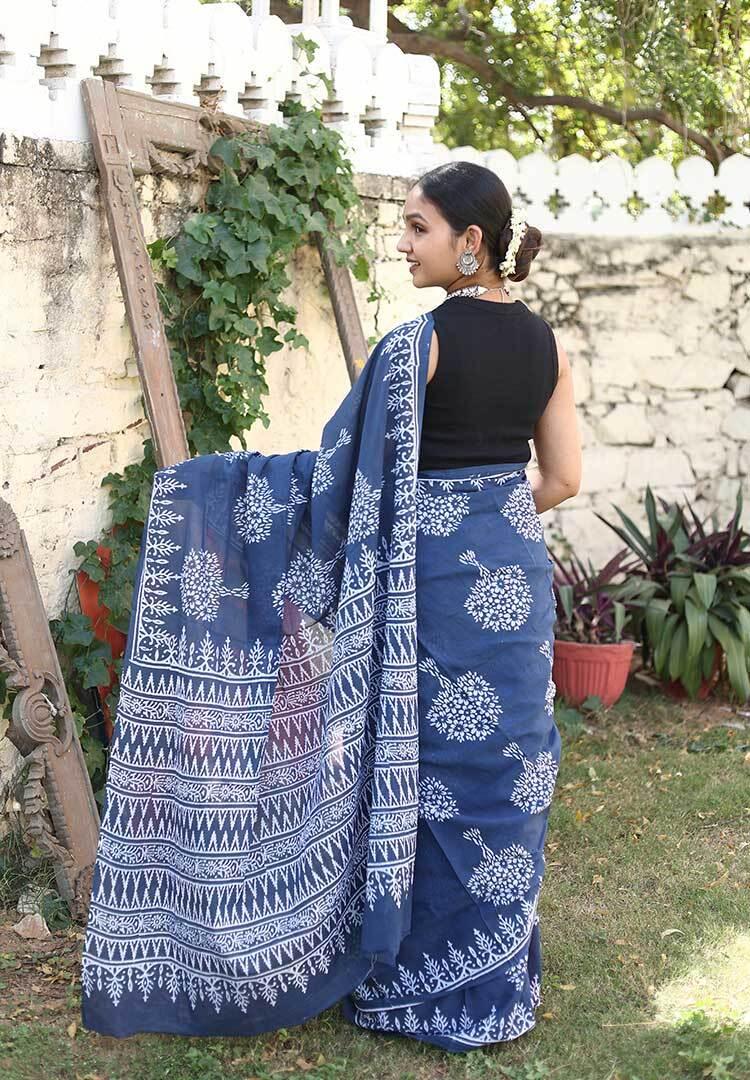 Blue Indigo Mulmul Cotton Hand-block Print Saree with Blouse Piece - Paheli-Jaipur