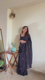 Load and play video in Gallery viewer, PAHELI JAIPUR Hand Block Mulmul Cotton Saree For Women With Blouse Piece (Black)
