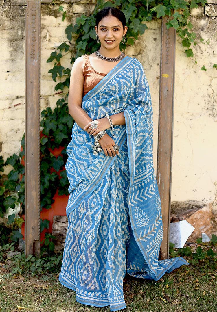 Blue Pluto Chanderi Silk Hand-block Print Saree with Blouse - Paheli-Jaipur