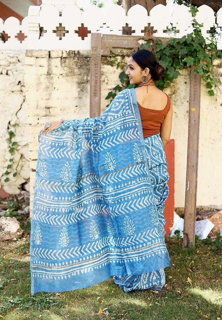 Blue Pluto Chanderi Silk Hand-block Print Saree with Blouse - Paheli-Jaipur